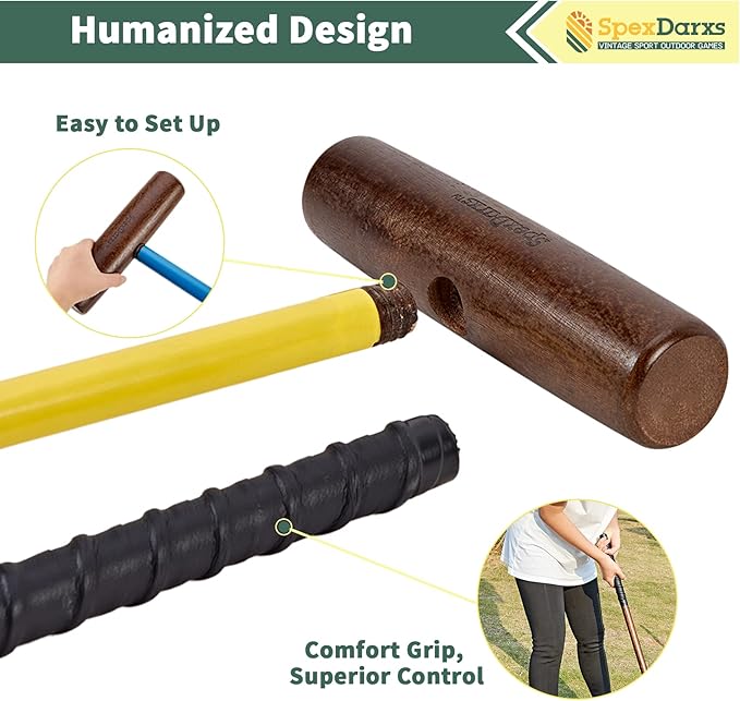 Six Player Croquet Sets, 35’’ Croquette Set with Premium Wooden Mallets/Colored