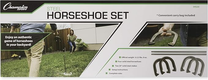 Champion Sports Horseshoe Set: Traditional Outdoor Lawn Game includes Four Professional Solid Steel