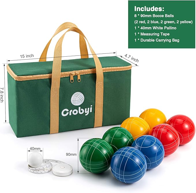 Bocce Balls Set, 90mm Regulation Size and Weight, Durable Beach/Yard/Lawn Game for Kids, Adults and