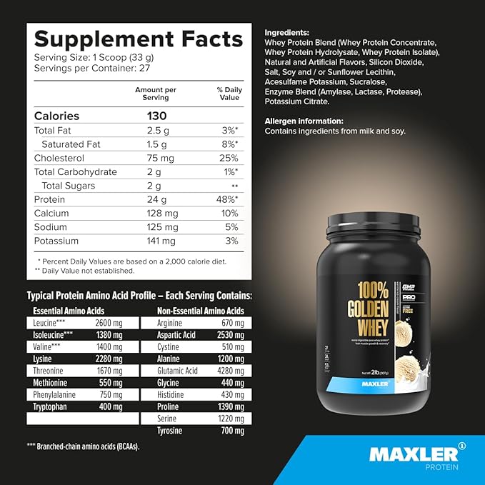 Maxler 100% Golden Whey Protein - 24g of Protein per Serving - Premium Whey Protein Powder for Pre