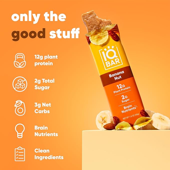 IQBAR Brain and Body Plant Protein Bars - Banana Nut - 24-Count Low Carb - Gluten Free, High Fiber