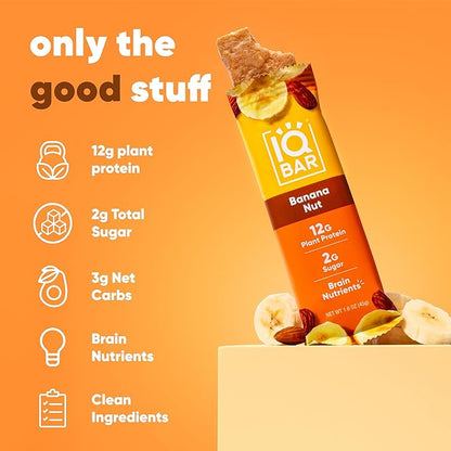 IQBAR Brain and Body Plant Protein Bars - Banana Nut - 24-Count Low Carb - Gluten Free, High Fiber