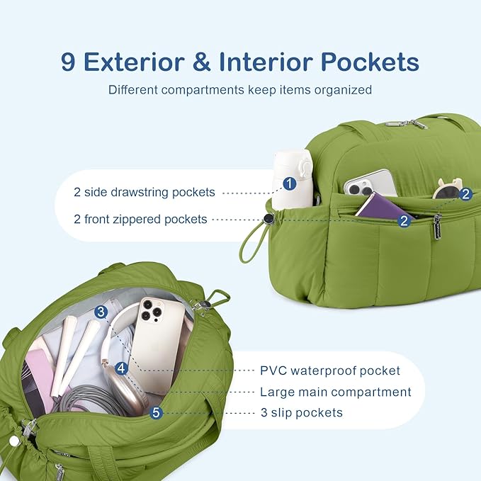 TOPDesign Travel Duffel Bag for Women, Puffer Gym Bag Sports Tote with Wet Pocket, Carry On