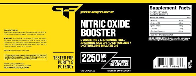 Primaforce Nitric Oxide Booster (2,250mg, 120 Capsules) - 40 Servings of Our Nitric Oxide Boosting