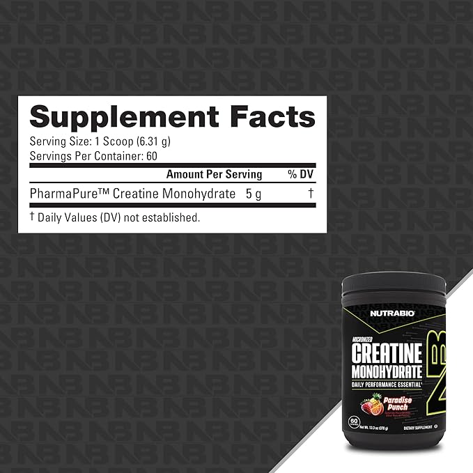 NutraBio Pure Micronized Creatine Monohydrate Powder Supplement,Paradise Punch