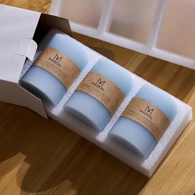 MOZEAL 3" x 4" Hand-Poured Unscented Baby Blue Candle, Dripless Sky Blue/Light Blue Pillar Candle