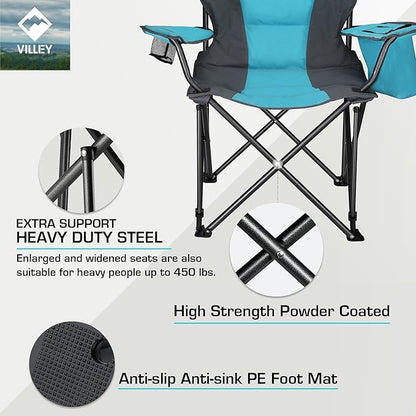 VILLEY Camping Chair, Oversized Folding Camp Chair, Portable Outdoor Chairs Support 400 LBS with