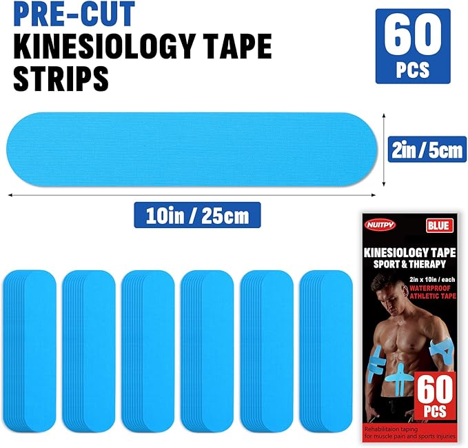 60PCS Precut Kinesiology Tape Strips, 2 inch x 10 inch Athletic Tape, Kinetic Tape, Elastic Muscle