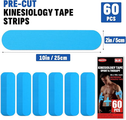 60PCS Precut Kinesiology Tape Strips, 2 inch x 10 inch Athletic Tape, Kinetic Tape, Elastic Muscle