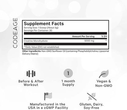 Codeage Liposomal Creatine Powder Supplement, Pure Creatine Monohydrate 5000mg, Pre Workout & Post