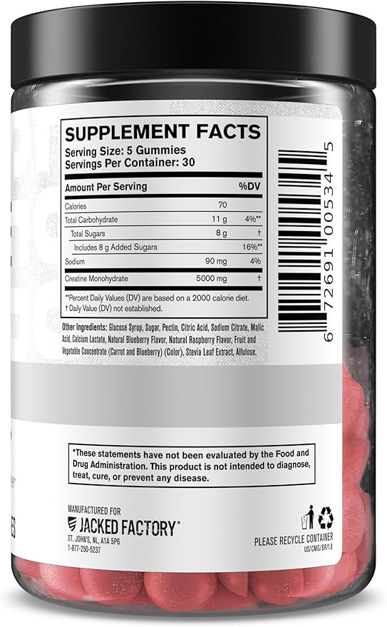 Jacked Factory Creatine Monohydrate Gummies 5g Daily Dose (1g per Gummy) - Creatine Gummy for Men