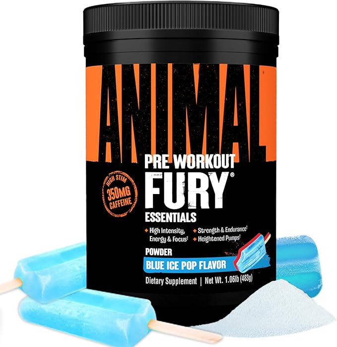 Animal Fury Pre Workout Powder ??Blue Ice Pop, 350mg Caffeine, BCAA Amino Acids, 2g Beta Alanine