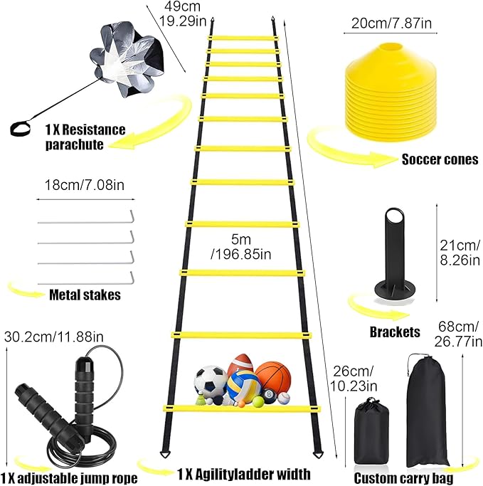 Agility Ladder,Speed Training Equipment Set,20ft Rungs Speed Ladder,Soccer Cones,Jump Rope, Running