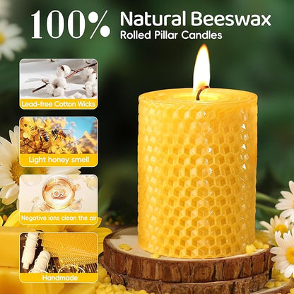 3 Pack Natural Beeswax Pillar Candles,2.8x4in Handmade Beeswax Rolled Candles,96 Hours Long Burning