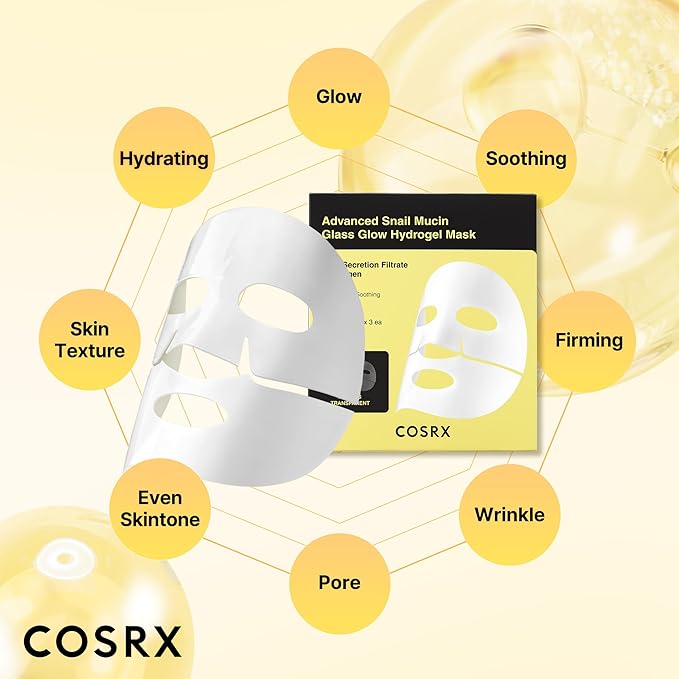 COSRX Advanced Snail Mucin Glass Glow Hydrogel Face Masks Skincare 3 EA, Collagen Face Mask, Travel