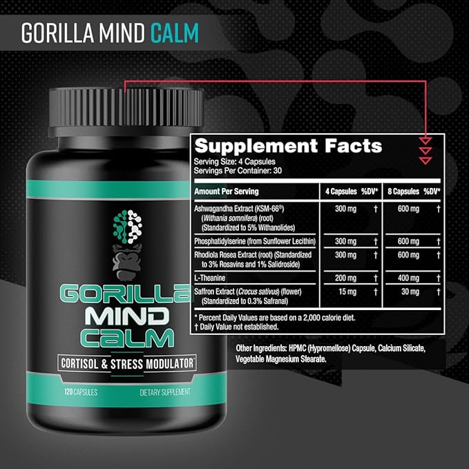 Gorilla Mind Calm (120 Capsules) - Potent Relaxation & Stress Reduction | Cortisol & Stress
