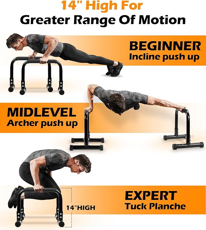 TABEKE Push Up Bar, 14'' High Steel Parallettes & Dip Bar with Full Coverage Foam Handle