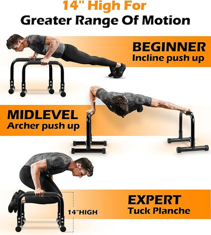 TABEKE Push Up Bar, 14'' High Steel Parallettes & Dip Bar with Full Coverage Foam Handle