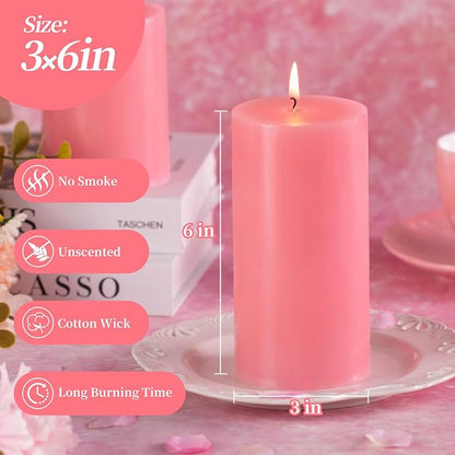 KONNI Pink Pillar Candles Set of 3, 3"x 6" Unscented Pillar Candles Bulk, 56 Hours Long Burning