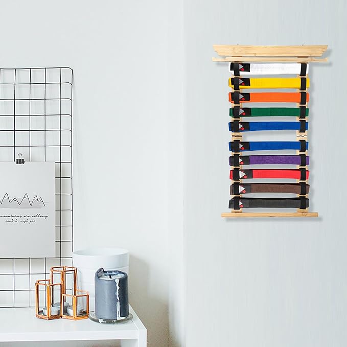 JUXYES Wall Hanging Martial Arts Belts Organizer for 10 Belts with Medal Hanger and Stickers