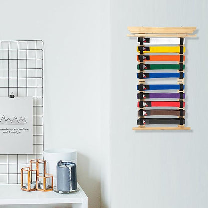 JUXYES Wall Hanging Martial Arts Belts Organizer for 10 Belts with Medal Hanger and Stickers