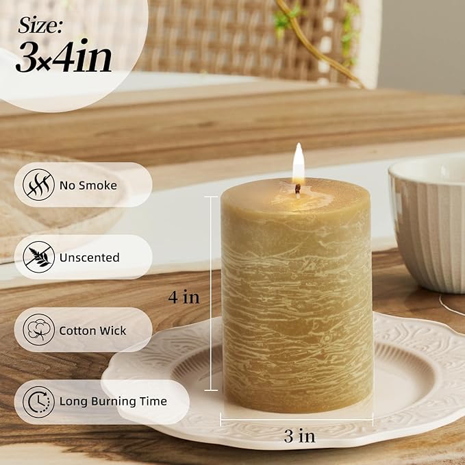 KONNI Wax Yellow Pillar Candles Set of 3, 3"x 4" Unscented Pillar Candles Bulk, 39 Hours Long