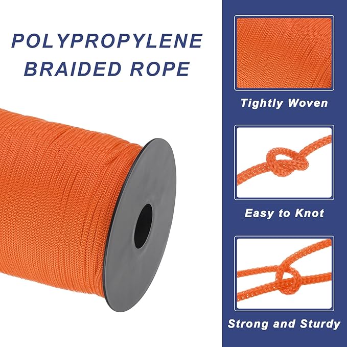 MECCANIXITY 1/8 Inch Polypropylene Rope Braided Ropes, 328ft Nylon Rope Hollow Utility Cord for