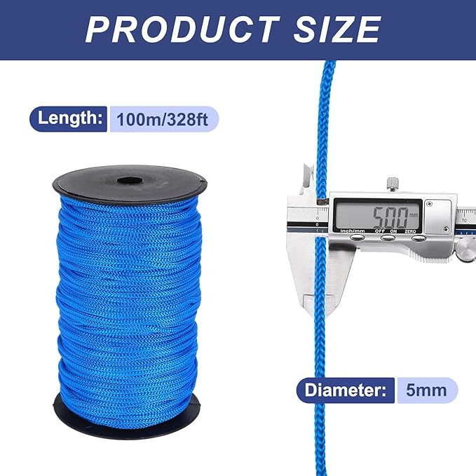 MECCANIXITY 3/16 Inch Polypropylene Rope Braided Ropes, 328ft Nylon Rope Hollow Utility Cord for