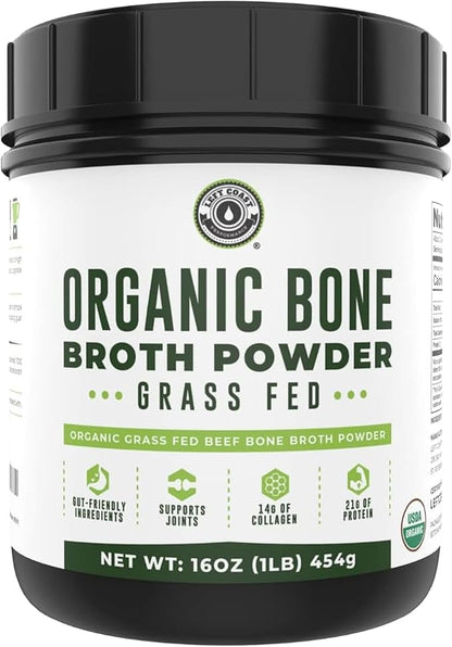 16oz Organic Bone Broth Protein Powder from Grass Fed Beef - USDA Certified Organic, Single