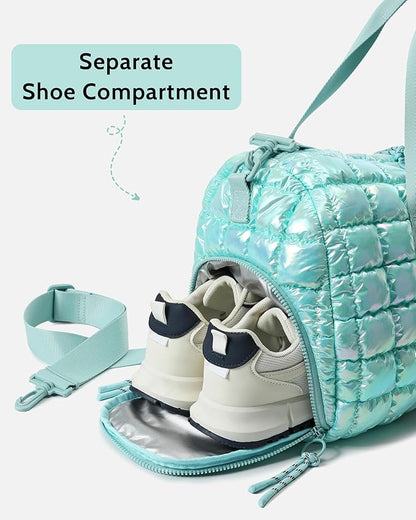 Quilted Duffel Bag for Women, Puffer Gym Duffle Bag with Shoe Compartment Lightweight Large