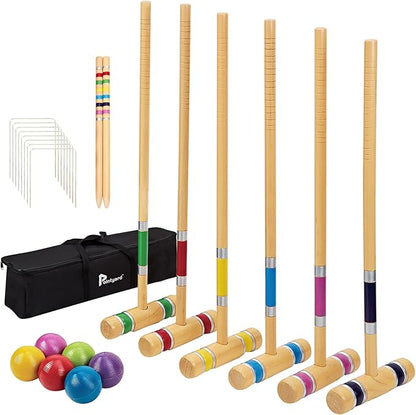 Pointyard Six Player Croquet Set, 28’’ Croquet Set with Wooden Mallets/Colored Ball/Wickets/Stakes