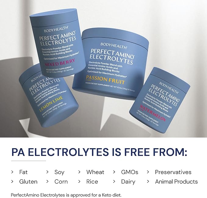 BodyHealth PerfectAmino Electrolytes Powder No Sugar, Hydration Fasting Keto Zero Sugar