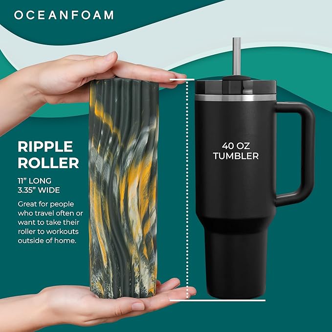 Oceanfoam Ripple Travel Foam Roller (11" x 3.35") Firm Mini Foam Roller for Physical Therapy, Deep