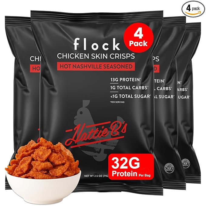 Flock Keto Chicken Skin Chips | Hattie Bs Nashville Hot Flavor | Keto Friendly, Low Carb, High