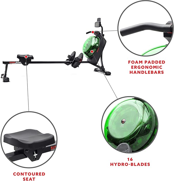 Sunny Health & Fitness Elite Water Rowing Machine with High Dynamic Resistance Vertical Tank