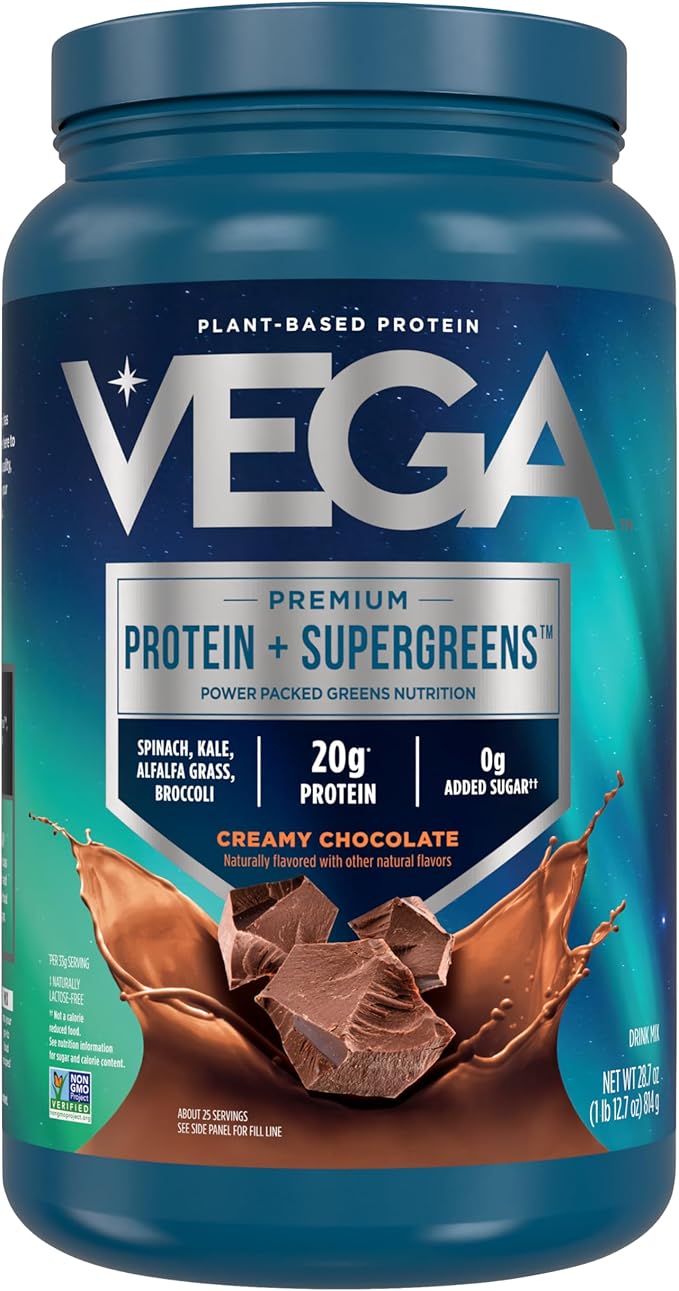Vega Protein + Supergreens - 20g Plant-Based Protein, Chocolate, 25 Servings, Real Greens &