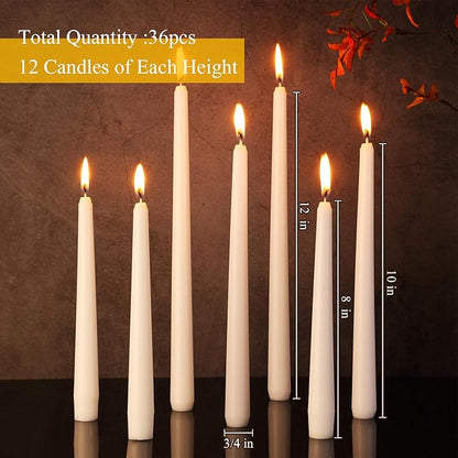 MTLEE Multi Height Unscented Candles - 8/10/12 Inch Taper Candles for Dinner Decoration (White, 36)