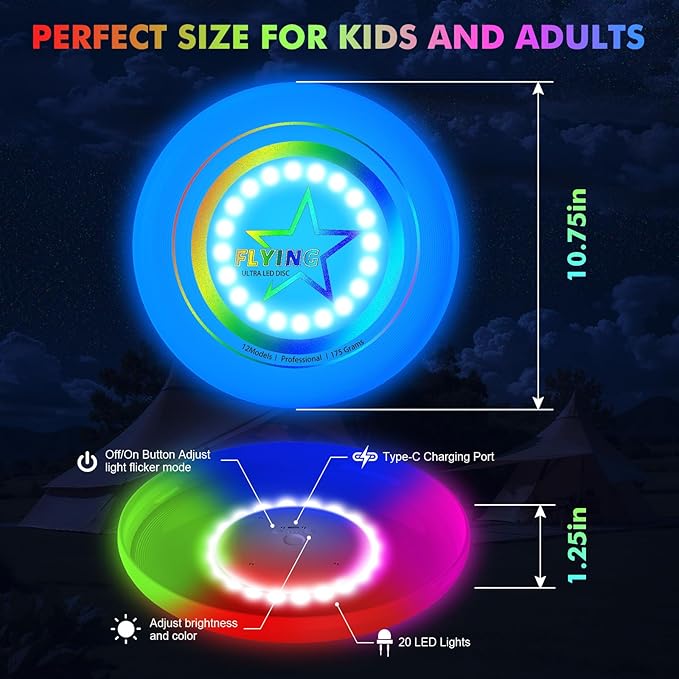 Pro LED Flying Sport Disc Toy for Kids Adults, 7 Dynamic Modes Glow in The Dark Fiying Ring, 175