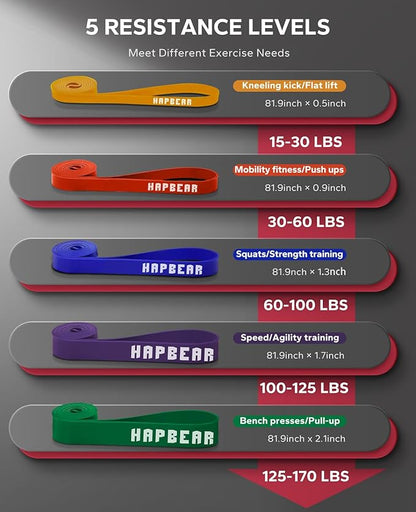 HAPBEAR Pull Up Assistance Bands Set of 5 - Resistance Bands for Working Out, Stretching, Physical