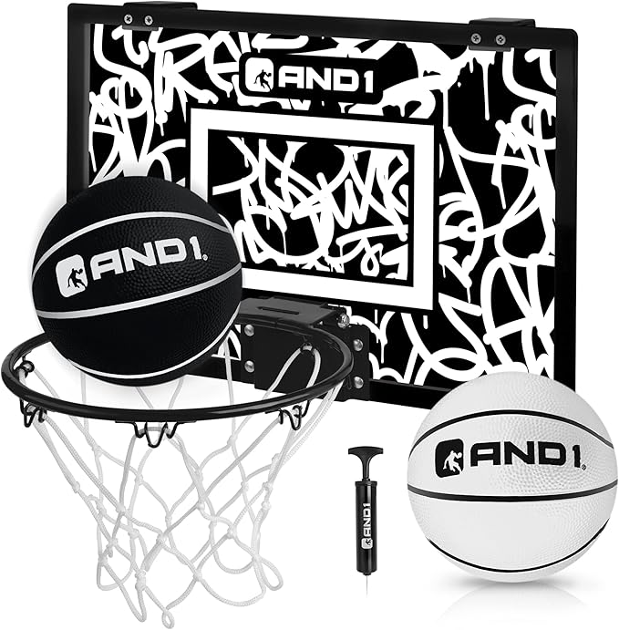 AND1 Over the Door Mini Basketball Hoop: 18x12 Shatterproof Backboard, 2 Mini Basketballs, and Hand