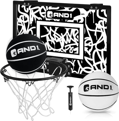AND1 Over the Door Mini Basketball Hoop: 18x12 Shatterproof Backboard, 2 Mini Basketballs, and Hand