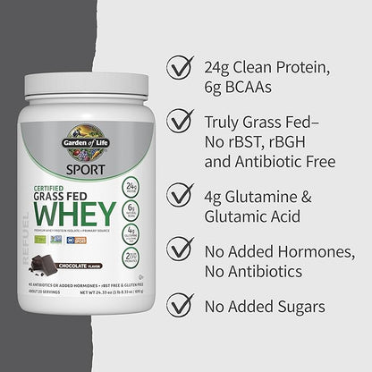 Garden of Life Sport Whey Protein Powder Chocolate, Premium Grass Fed Whey Protein Isolate Plus