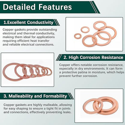 350 PCS, Premium Copper Metric Sealing Crush Washers Assortment Kit, Enhanced Flat Ring Oil Drain