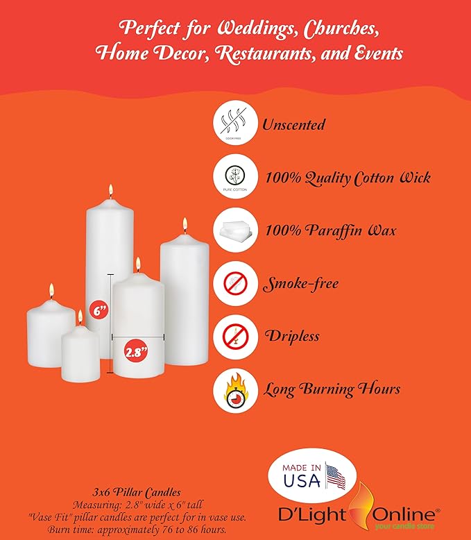 D'light Online 3 X 6 Inch Pillar Candles Set of 12 Bulk Event Pack Round Unscented Premium Wax