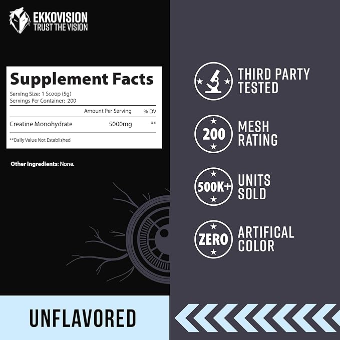 Ekkovision Creatine Monohydrate Powder, Micronized, Unflavored, Pre Workout & Post Workout