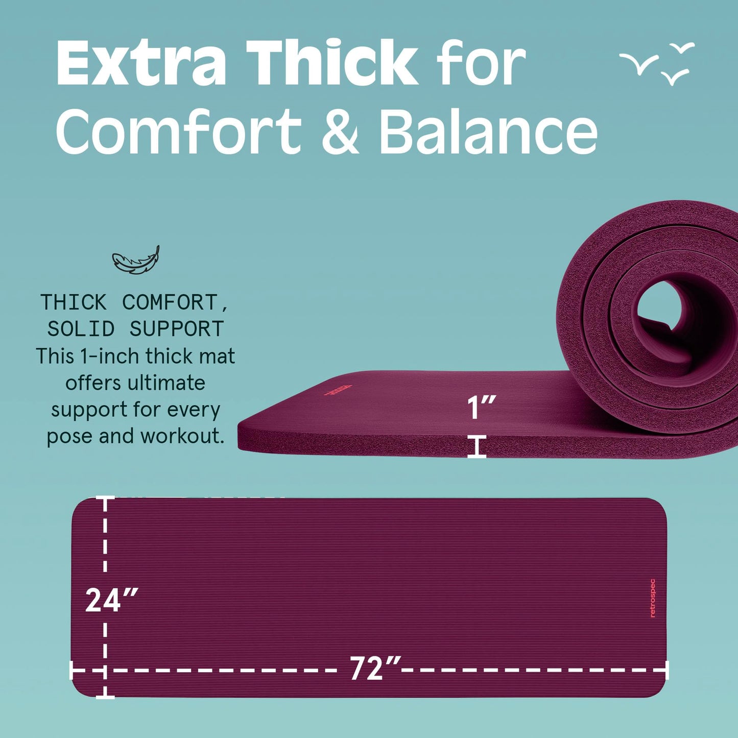 Retrospec Solana Yoga Mat 1" Thick w/Nylon Strap for Men & Women - Non Slip Exercise Mat for Home