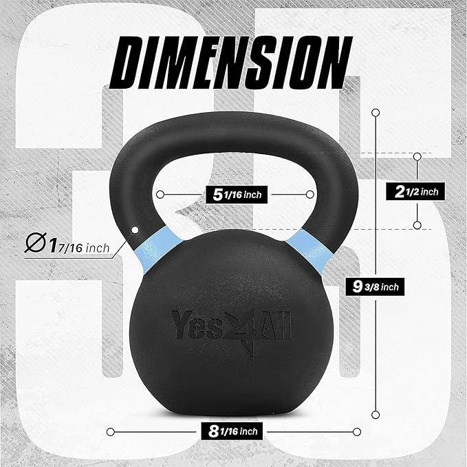 Yes4All Kettlebell, Heavy Duty Powder Coated Cast Iron Kettlebells, Non-Slip Handle & Flat Bottom