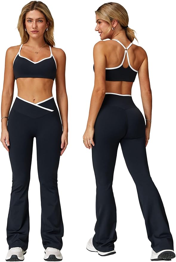 ABOCIW Workout Sets for Women 2 Piece Color Block Strappy Sports Bra High Waist Leggings Gym Yoga