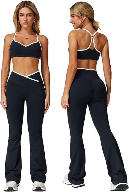 ABOCIW Workout Sets for Women 2 Piece Color Block Strappy Sports Bra High Waist Leggings Gym Yoga