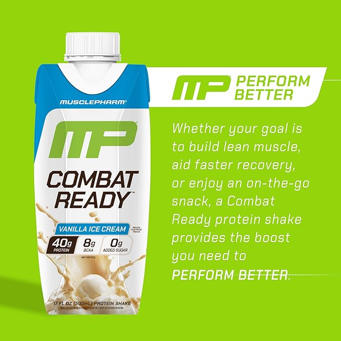 MusclePharm Combat Ready High Protein Shakes Ready to Drink, 40g Protein, 8g BCAAs, 8.7g Glutamine